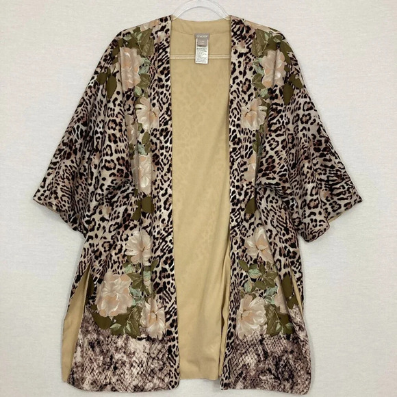 Chico's Brown Leopard Floral Print Open Front Side Slit Kimono Small/Medium - Picture 1 of 11